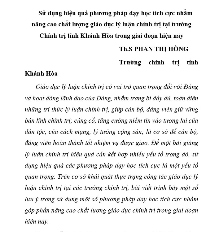 Sử dụng hiệu quả phương pháp dạy học tích cực nhằm nâng cao chất lượng giáo dục lý luận chính trị tại trường Chính trị tỉnh Khánh Hòa trong giai đoạn hiện nay